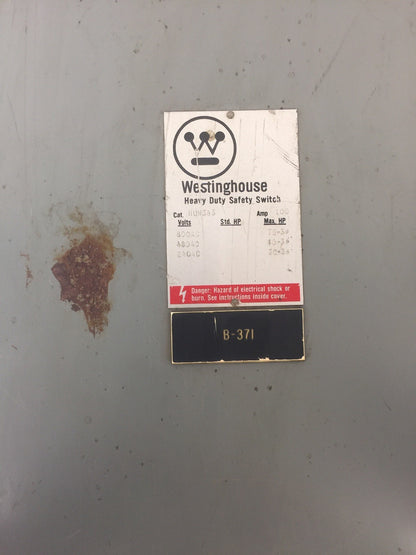 WESTINGHOUSE HUN363 HEAVY DUTY SAFETY SWITCH 100AMP 600VAC 75HP TYPE 1 ENCLOSURE