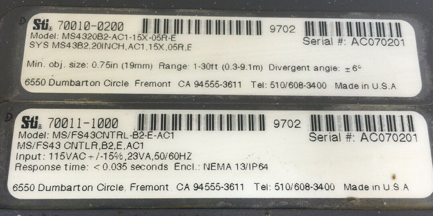 STI MS/FS43CNTRL-B2-E-AC1 LIGHT CURTAIN CONTROLLER 115VAC MS4320B2-AC1-15X-05R-E