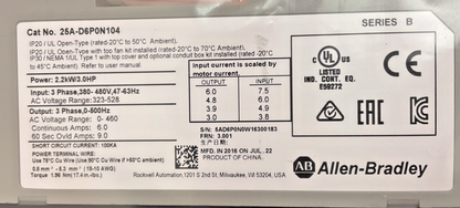 ALLEN BRADLEY 25A-D60N104 POWER FLEX DRIVE FRN:3.001 SER.B