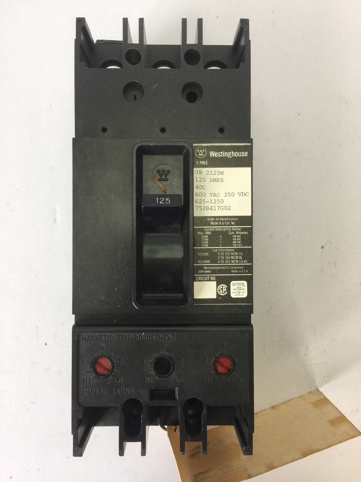 WESTINGHOUSE JB2125W AB DEION CIRCUIT BREAKER 125A 600VAC 250VDC 2 POLE