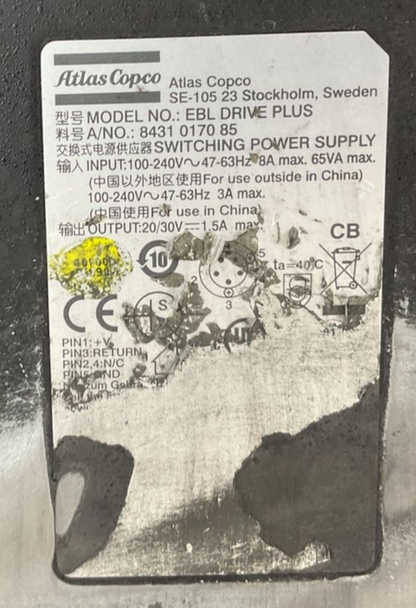 ATLAS COPCO 8431 0170 85 EBL DRIVE PLUS 240V W/ EBL25 TORQUE DRIVER  1.0-2.5NM