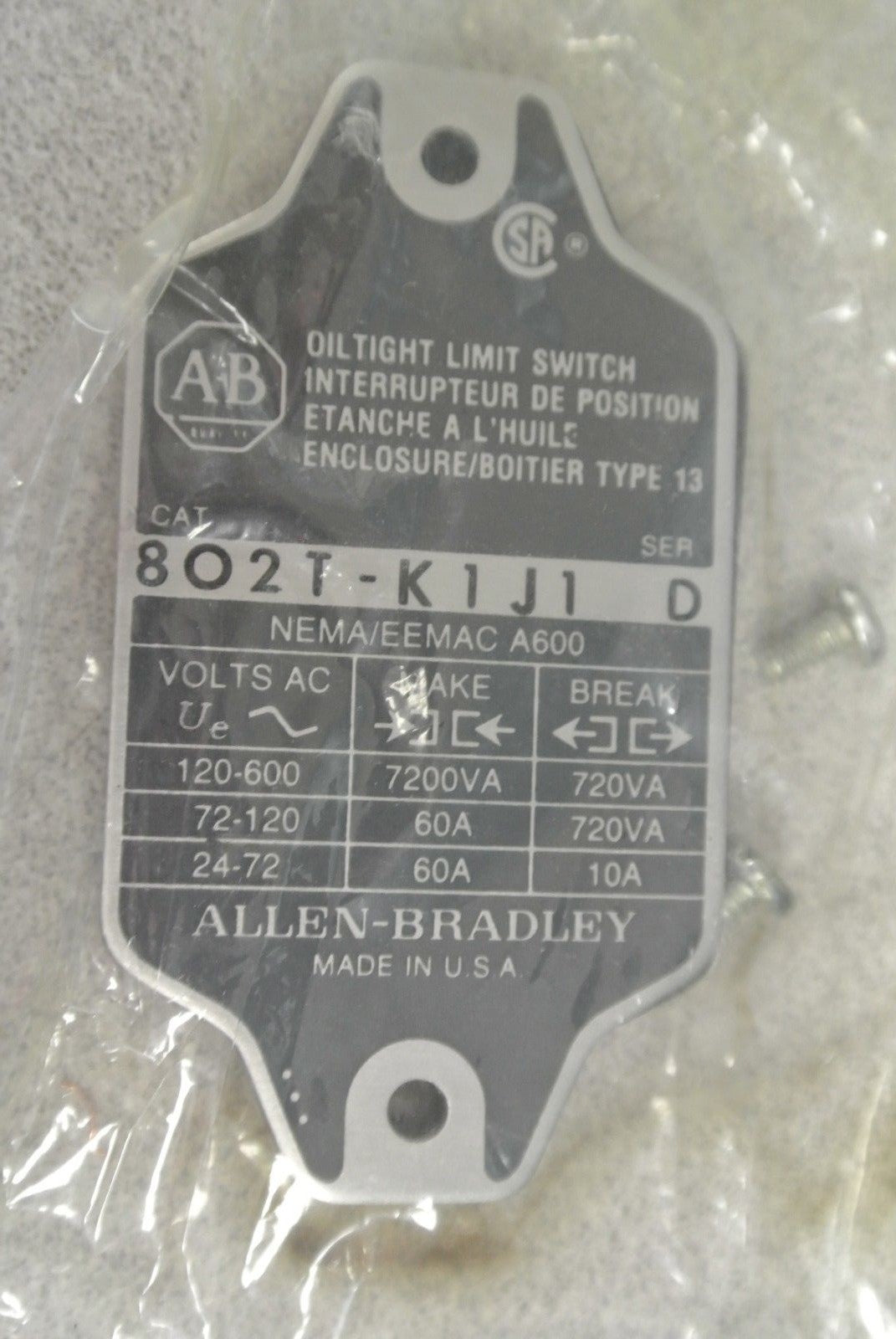 ALLEN-BRADLEY 802T-K1J1 OILTIGHT LIMIT SWITCH Ser. D / NON-PLUG-IN / NEW SURPLUS