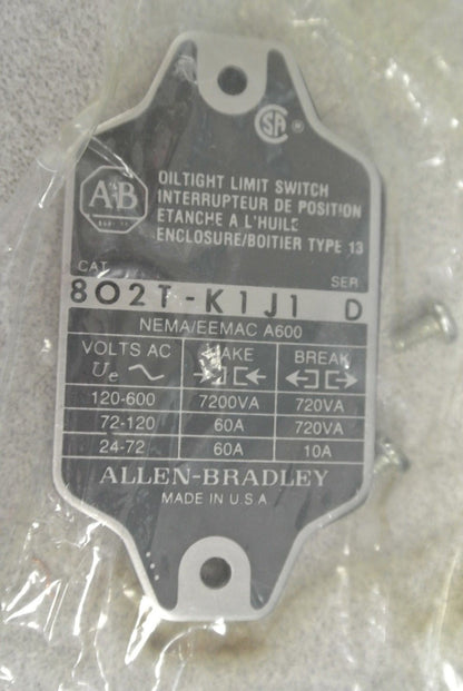 ALLEN-BRADLEY 802T-K1J1 OILTIGHT LIMIT SWITCH Ser. D / NON-PLUG-IN / NEW SURPLUS