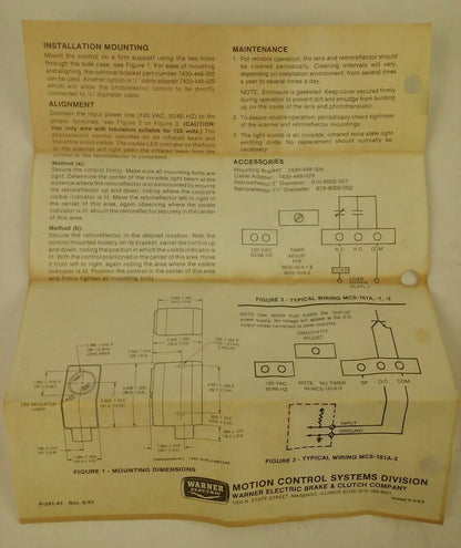 WARNER ELECTRIC 7120-448-047 MODEL MCS-162A PHOTOSCANNER PHOTOELECTRIC CONTROL