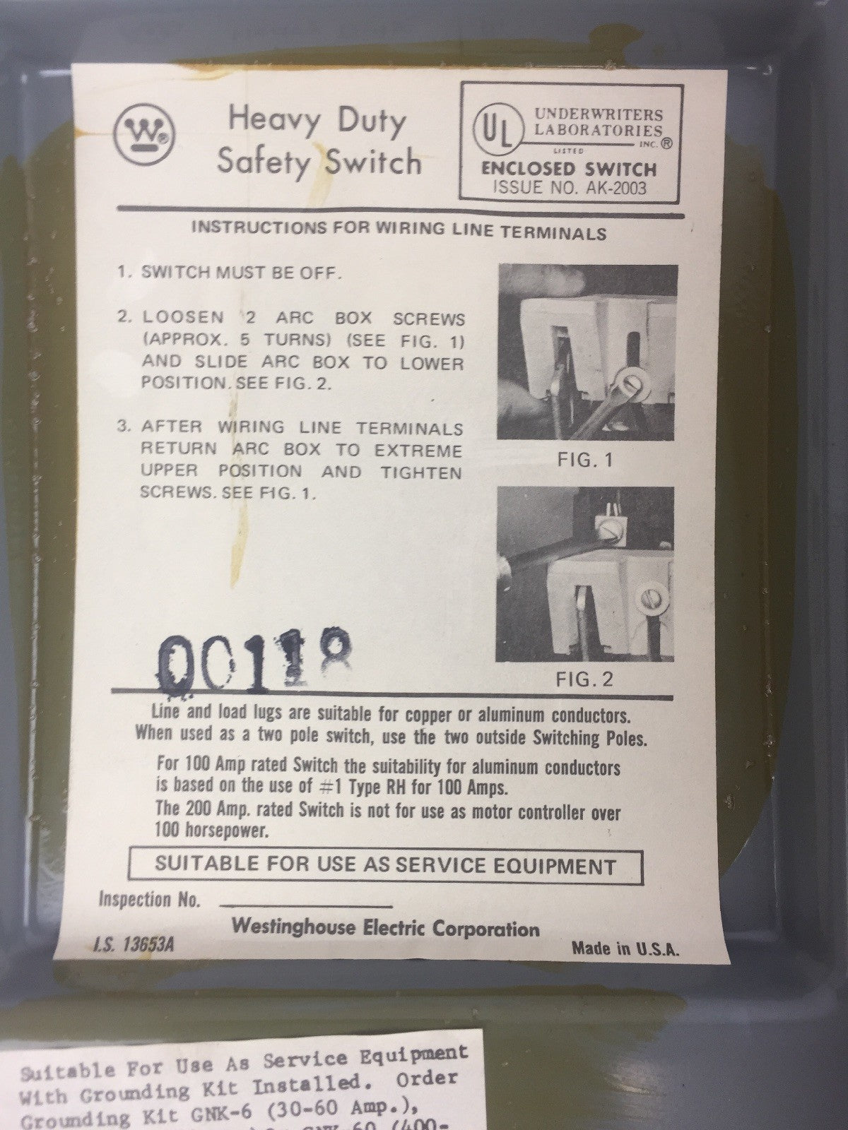 WESTINGHOUSE JHU221 HEAVY DUTY SAFETY SWITCH 240 VAC 250 VDC 30 AMP