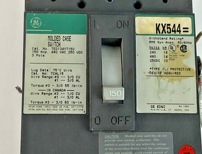 GE TED134YT150 CIRCUIT BREAKER 150A 480VAC 250VDC 3POLE