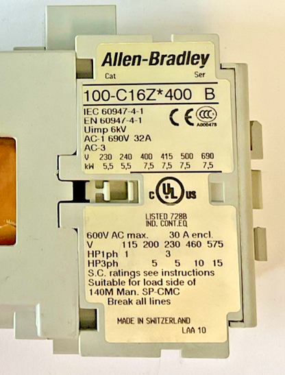 ALLEN BRADLEY 100-C16Z*400 CONTACTOR SER.B 600VAC 32A
