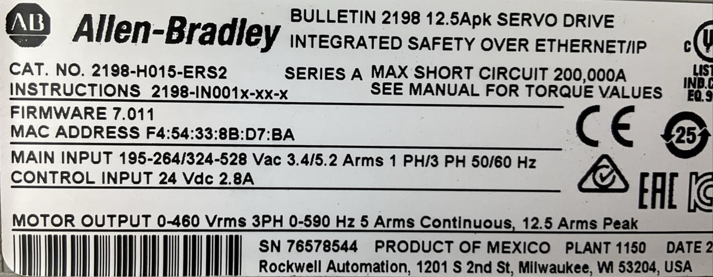 ALLEN BRADLEY 2198-H015-ERS2 FIRMWARE 7.011 SERVO DRIVE SER A
