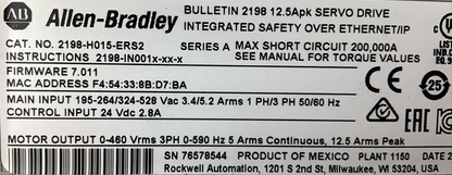 ALLEN BRADLEY 2198-H015-ERS2 FIRMWARE 7.011 SERVO DRIVE SER A