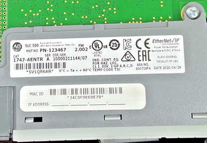 ALLEN BRADLEY 1747-AENTR ETHERNET/IP  COMMUNICATIONS MODULE VER.07 FW:2.002