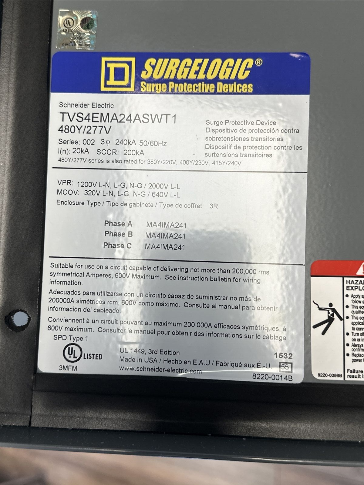 SQUARE D TVS4EMA24ASWT1 SURGE PROTECTIVE DEVICE SERIES 002 480Y/277V TYPE 3R