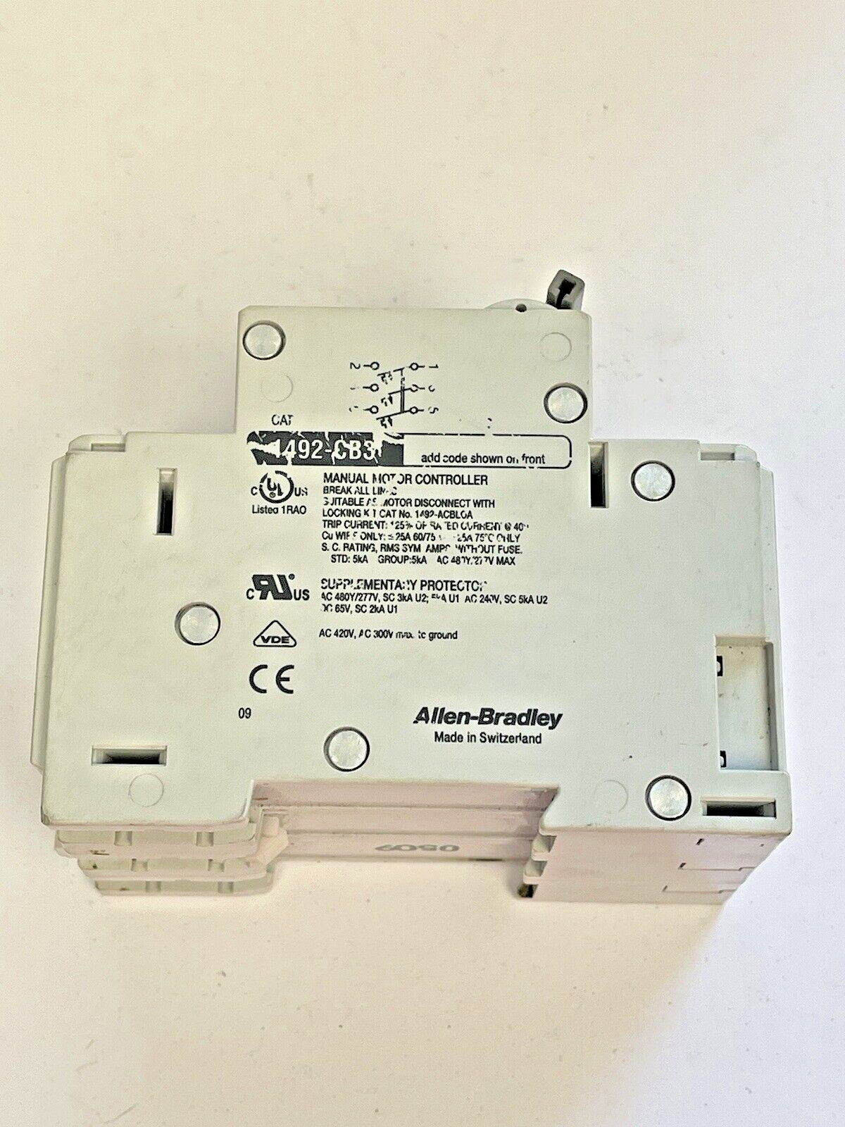 ALLEN BRADLEY -1492-CB3-MANUAL MOTOR CONTROLLER- 25 A, 15 HP, H250, 3 PH, 480VAC