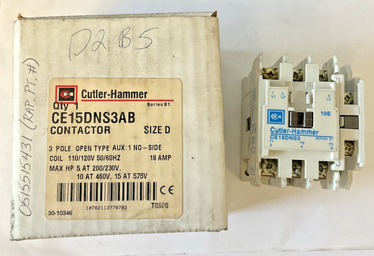 CUTLER HAMMER CE15DNS3AB CONTACTOR SIZE D 110/120V 50/60HZ 18AMP SER.B1