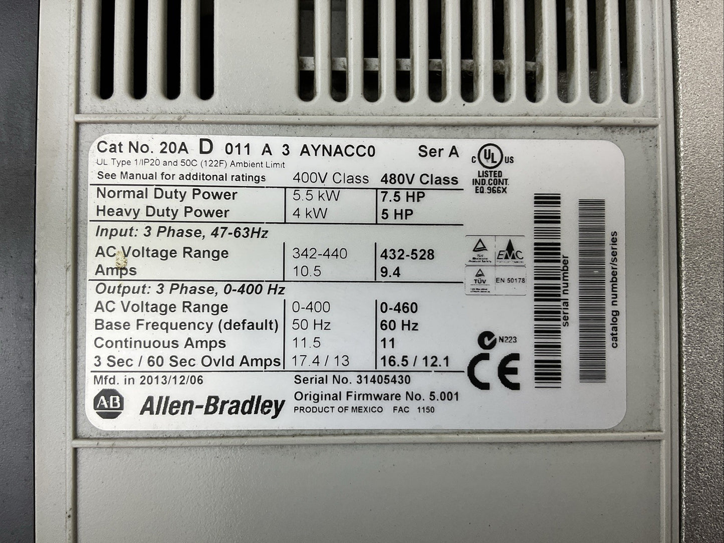 ALLEN BRADLEY 20A D 011 A 3 AYNANC0 POWER FLEX 70 AC DRIVE FIRMWARE 5.001 SER A