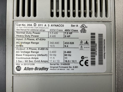 ALLEN BRADLEY 20A D 011 A 3 AYNANC0 POWER FLEX 70 AC DRIVE FIRMWARE 5.001 SER A