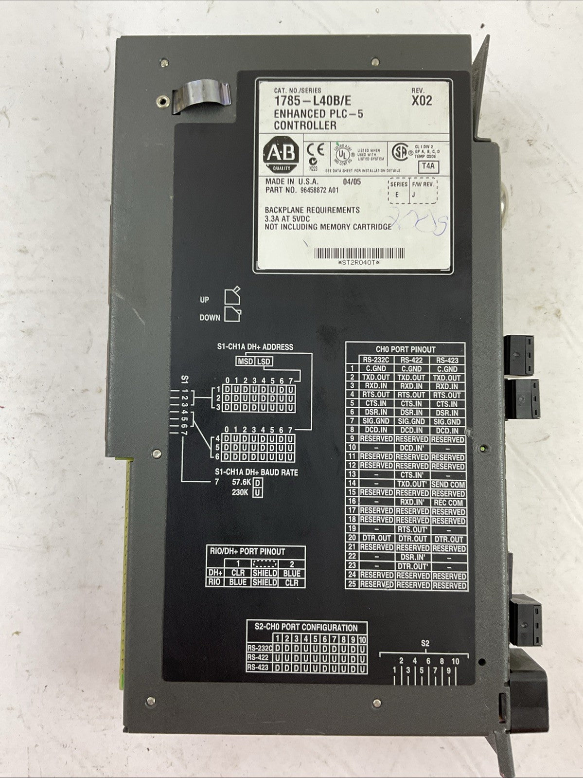 ALLEN BRADLEY 1785-L40B/E REV X02 F/W REV J ENHANCED PLC-5CONTROLLER SERIES E
