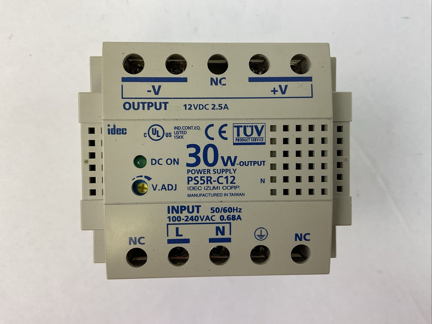 IDEC PS5R-C12 POWER SUPPLY OUTPUT 12VDC 2.5A 30W INPUT 100-240VAC 50/60HZ 0.68A