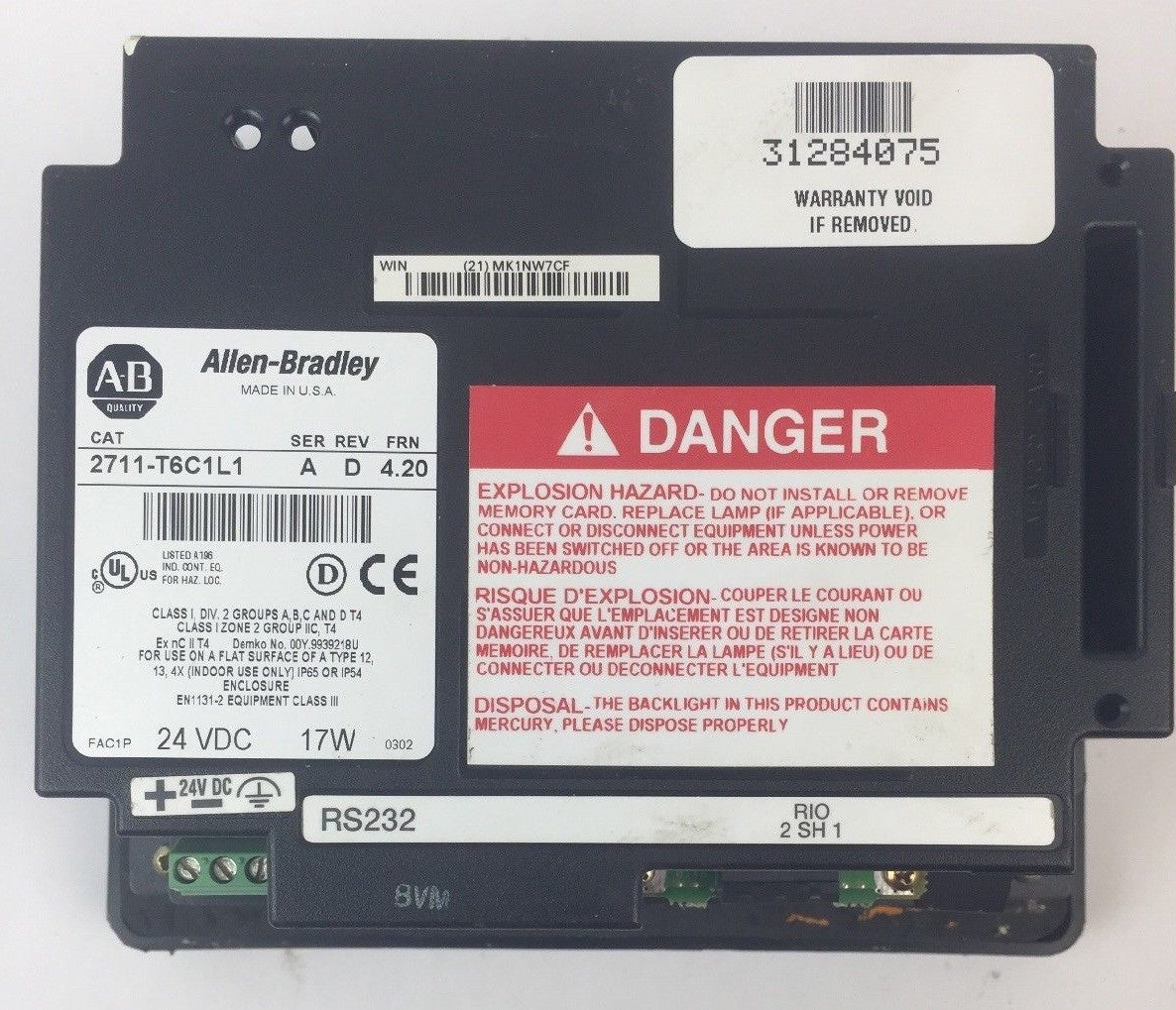 ALLEN BRADLEY 2711-T6C1L1 PANEL VIEW 600 TOUCHSCREEN  SER A REV D FRN 4.20 24VDC