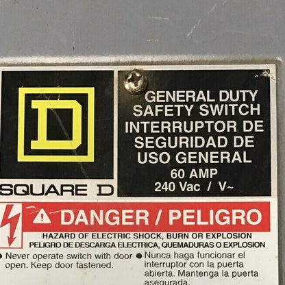 SQUARE D D222NRB SAFETY SWITCH  240VAC 60AMP SER.F01 TYPE3R (NO NEUTRAL)