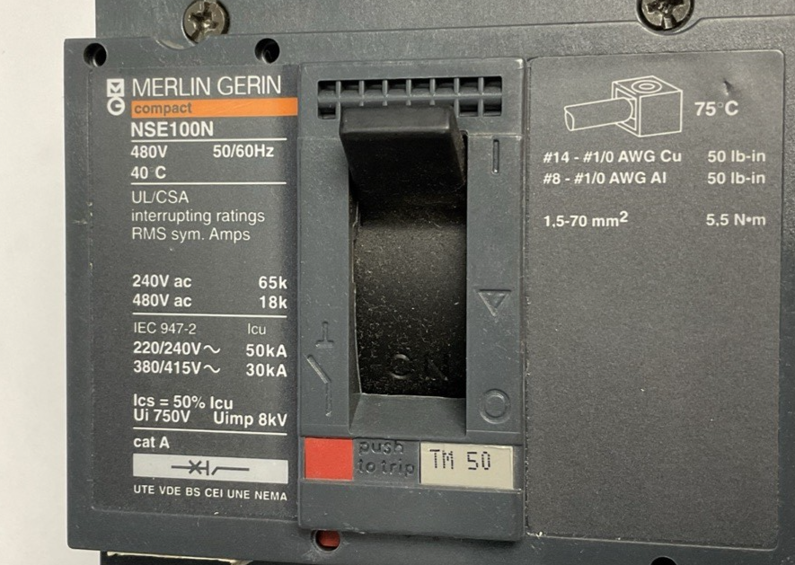 MERLIN GERIN NSE100N NENL34050 CIRCUIT BREAKER 50A 480V *SHUNT WIRE LENGTH VARY*