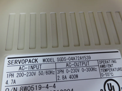 YASKAWA SGDS-04A72AY539 AC SERVOPACK OUTPUT: 0-23VAC, 0-300Hz 2.8A