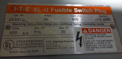 SIEMENS I-T-E XL-U FUSIBLE SWITCH PLUG UV361G - 30A, 600V
