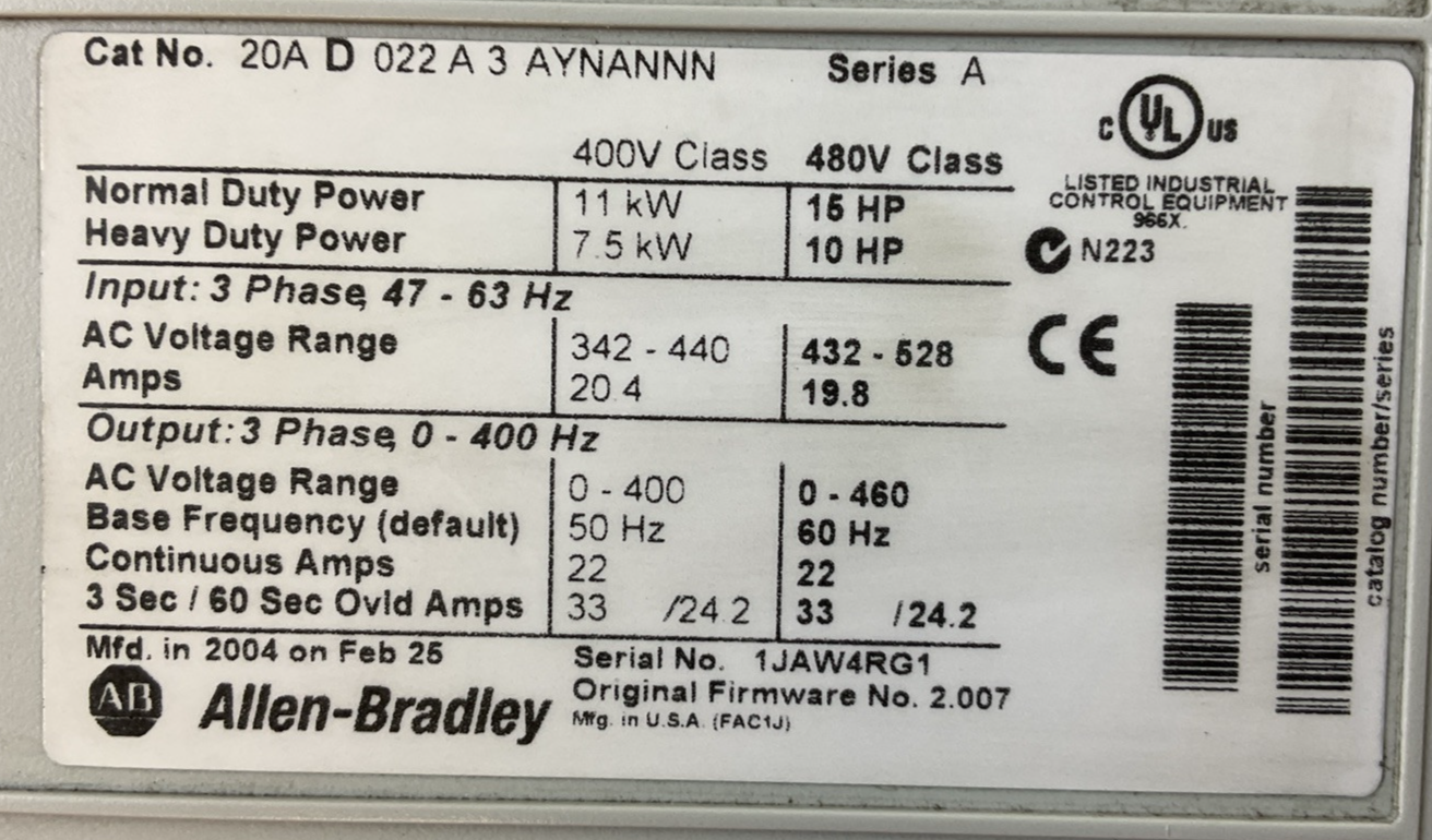 ALLEN BRADLEY 20A D 022 A 3 AYNANNN AC DRIVE FIRMWARE 2.007 11kW 15HP