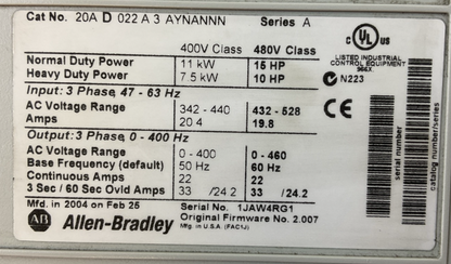ALLEN BRADLEY 20A D 022 A 3 AYNANNN AC DRIVE FIRMWARE 2.007 11kW 15HP
