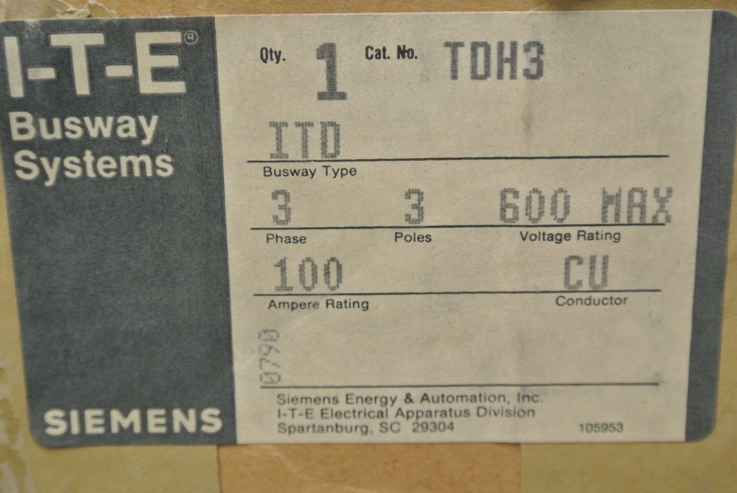 I-T-E IMPERIAL TDH-3 - TROL-E-DUCT BUSS WAY HANGER - NEW SURPLUS - TDH3