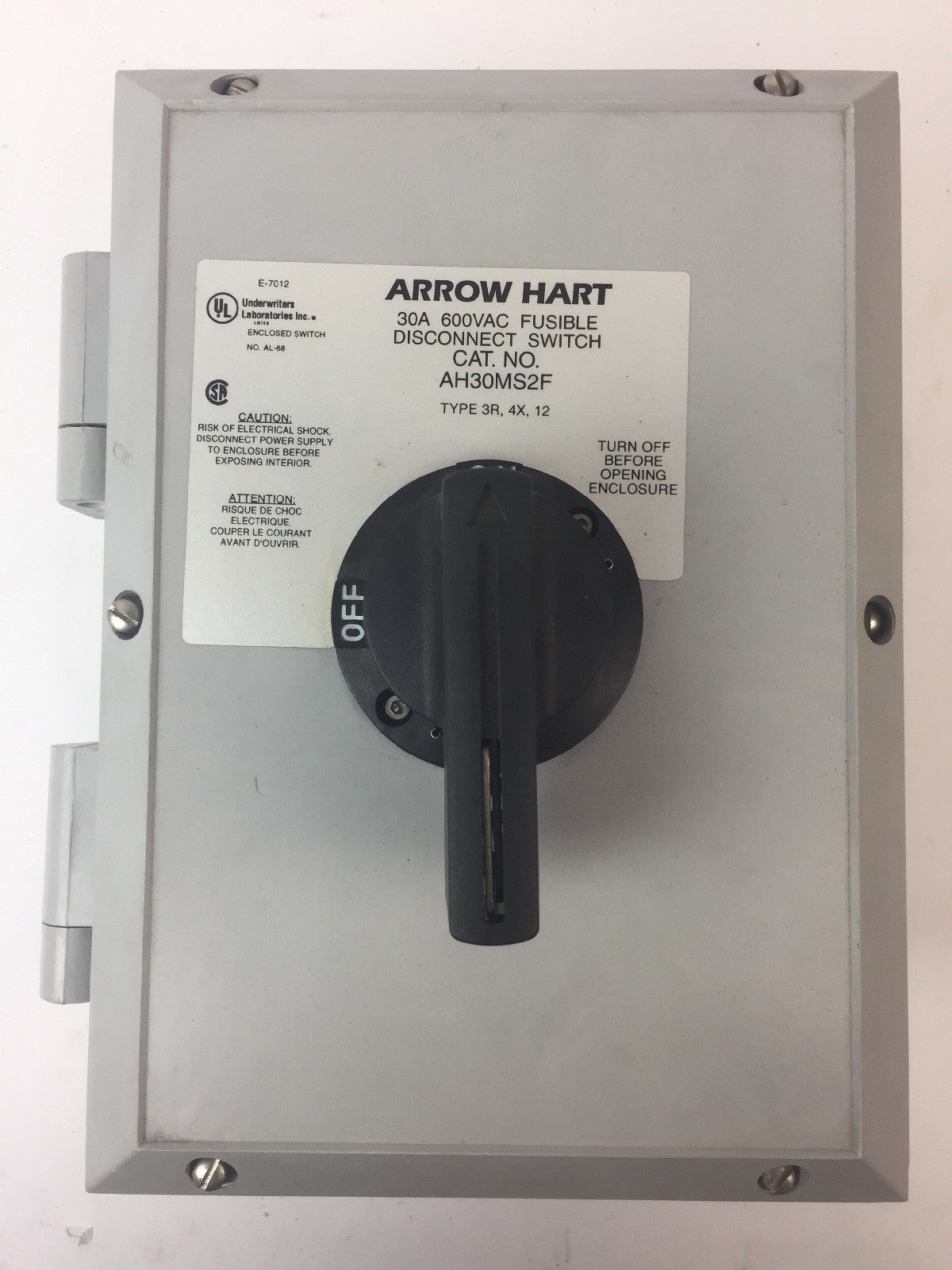 ARROW HART AH30MS2F DISCONNECT SWITCH 30A 600VAC FUSIBLE TYPE 3T,4X,12 ENCLOSED