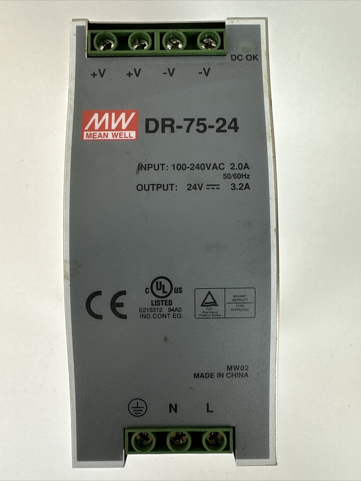 MW MEAN WELL DR-75-24 POWER SUPPLY OUTPUT 24VDC 3.2A INPUT 100-240VAC 2.0A