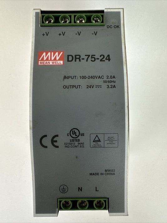 MW MEAN WELL DR-75-24 POWER SUPPLY OUTPUT 24VDC 3.2A INPUT 100-240VAC 2.0A