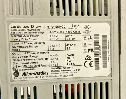 ALLEN BRADLEY 20AD3P4A0AYNNNC0 AC DRIVE POWER FLEX 70 SER A FW 5.001 2HP 3.8A