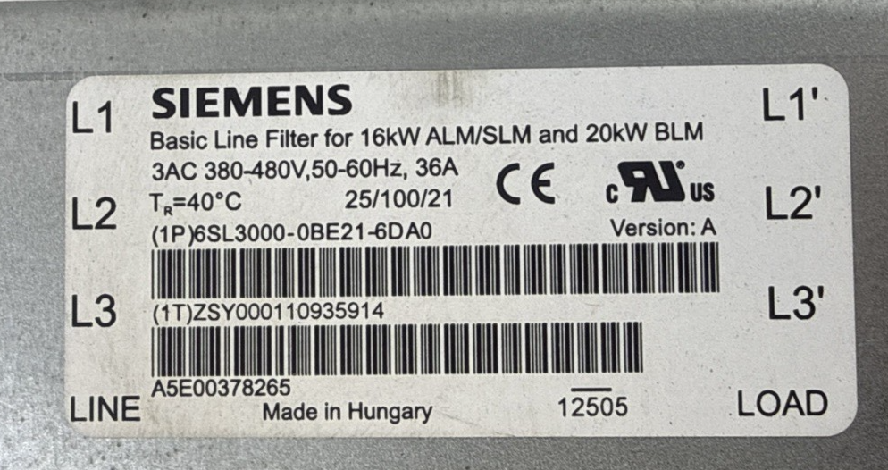 SIEMENS 6SL3000-0BE21-6DA0 BASIC LINE FILTER FOR 16KW ALM/SLM 20KWBLM