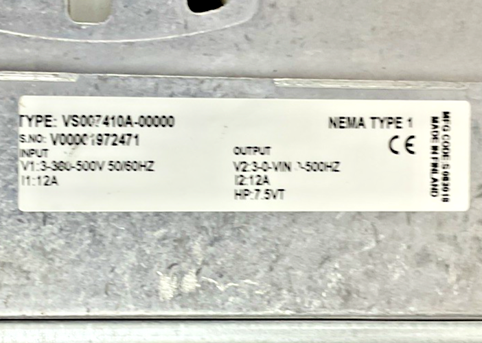 JOHNSON CONTROL VS007410A-00000 VARIABLE SPEED DRIVE HP:7.5VT 500V 50/60HZ 12A