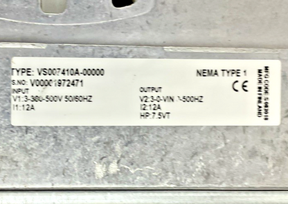 JOHNSON CONTROL VS007410A-00000 VARIABLE SPEED DRIVE HP:7.5VT 500V 50/60HZ 12A