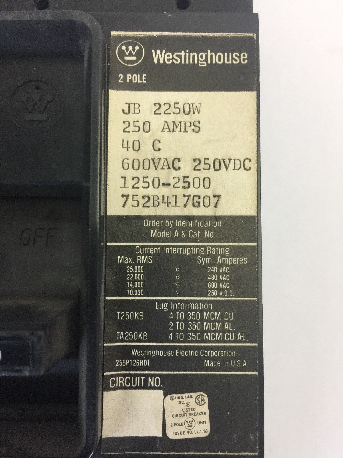 WESTINGHOUSE JB2250W CIRCUIT BREAKER 250AMPS 600VAC 250VDC 2 POLE