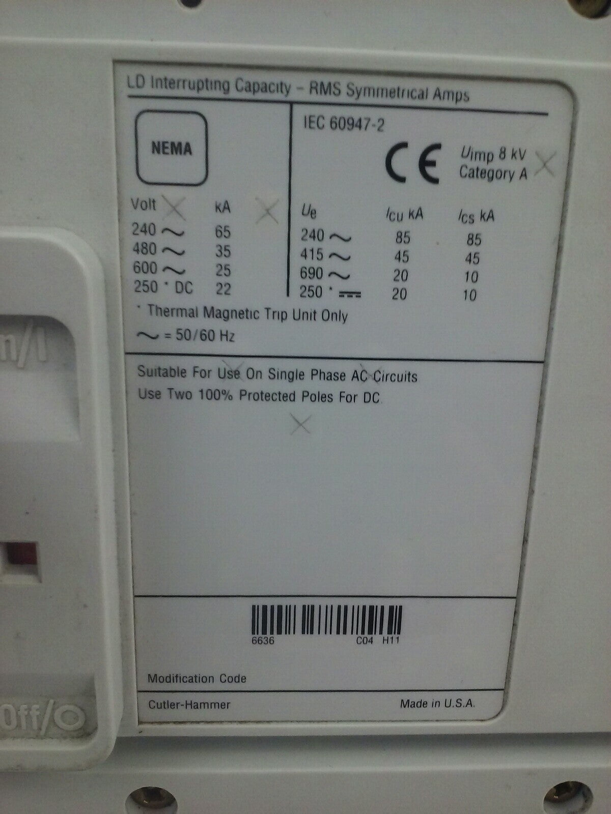 CUTLER HAMMER LD4600V THERMAL MAGNETIC TRIP UNIT CIRCUIT BREAKER 3P 600A 600V