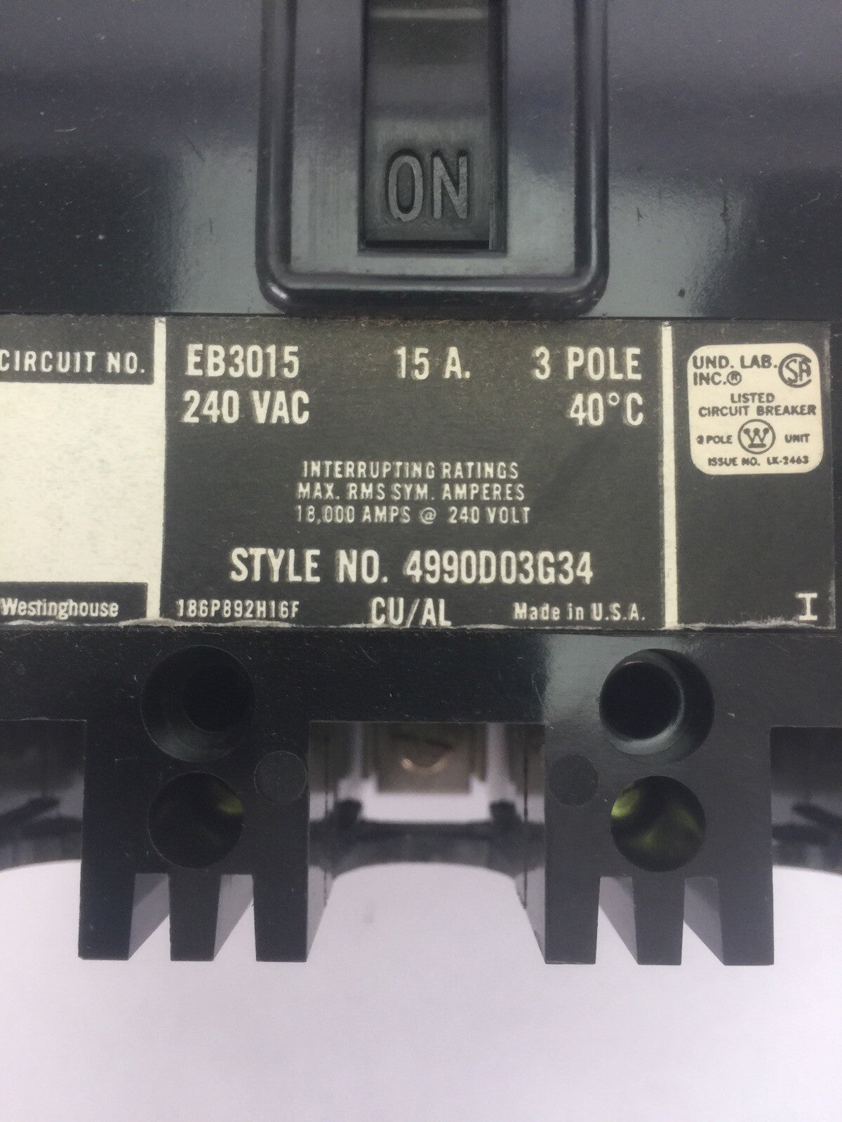 WESTINGHOUSE EB3015 AB DE-ION CIRCUIT BREAKER 15A 240VAC 3 POLE 4990D03G34