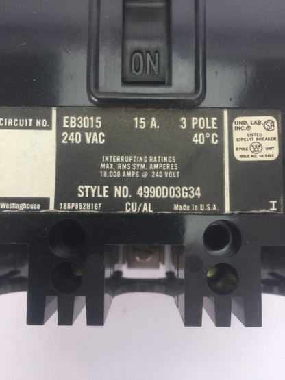 WESTINGHOUSE EB3015 AB DE-ION CIRCUIT BREAKER 15A 240VAC 3 POLE 4990D03G34
