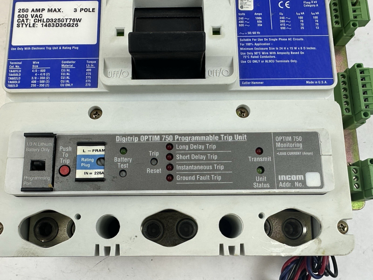 CUTLER HAMMER CHLD3250T76W 250A 600V 3P CIRCUIT BREAKER W/DIGITRIP 750 TRIP UNIT