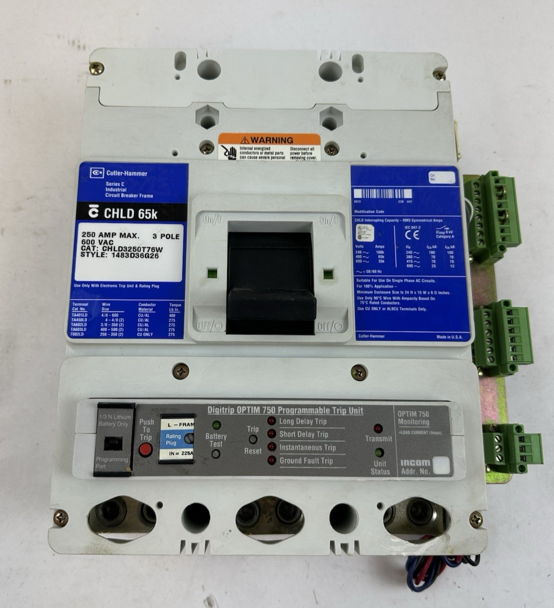 CUTLER HAMMER CHLD3250T76W 250A 600V 3P CIRCUIT BREAKER W/DIGITRIP 750 TRIP UNIT