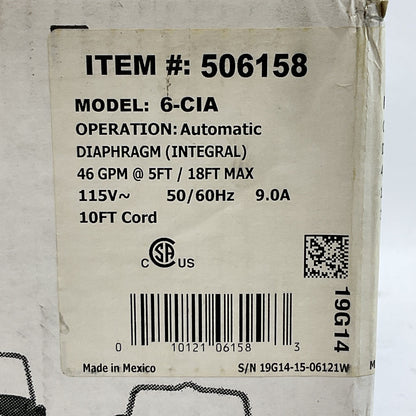LITTLE GIANT 6-CIA SUMP PUMP 6 SERIES 1/3HP 46GPM @ 5FT/18FT MAX 115VAC 9.0A