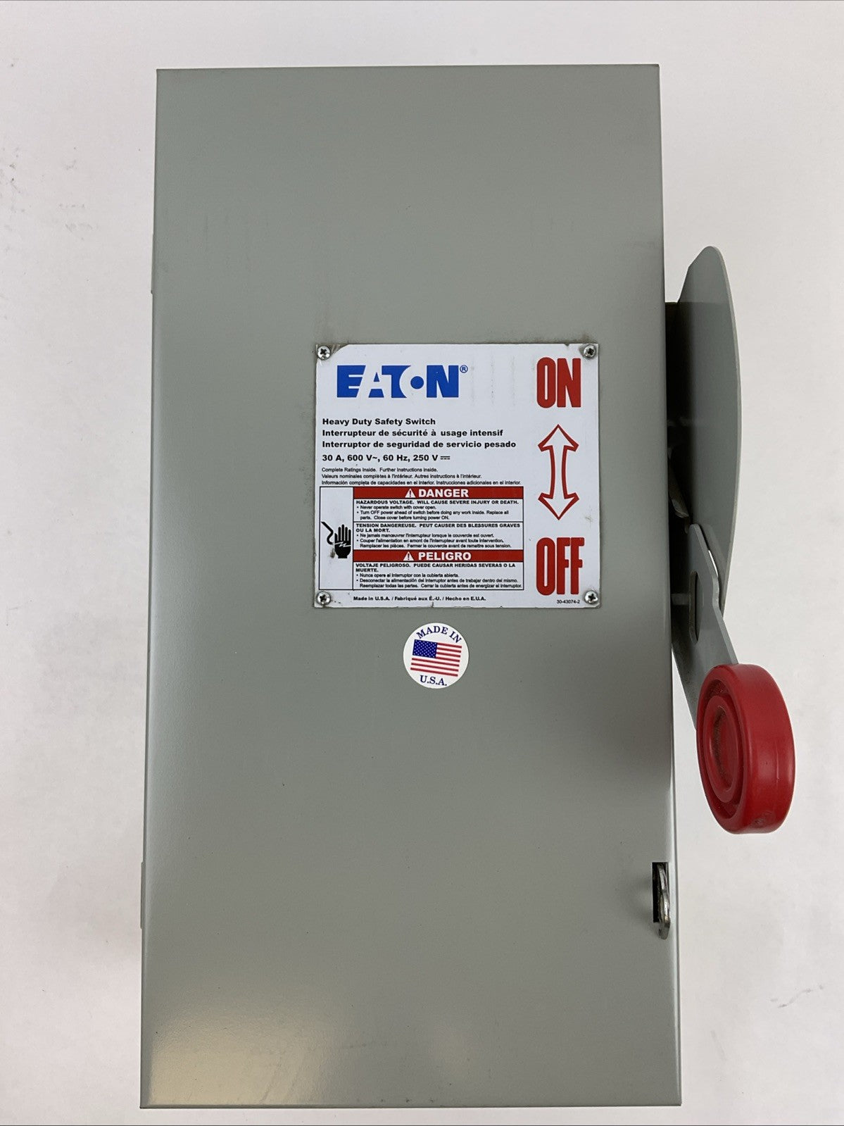 EATON DH361UGK 600VAC 30HP 30A 250VDC 5HP NON-FUSIBLE SAFETY SWITCH