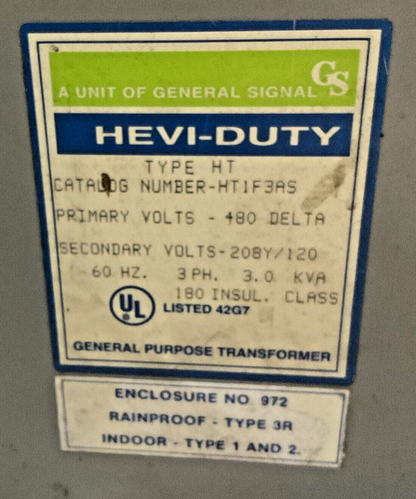 HEVI-DUTY HT1F3AS TRANSFORMER 480 DELTA 3PH 3 KVA 60HZ