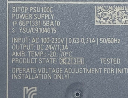 SIEMENS 6EP1331-5BA10 SITOP PSU100C POWER SUPPLY INPUT 100-230VAC OUTPUT 24VDC