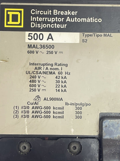 SQUARE D MAL36500 CIRCUIT BREAKER 500AMP 600VAC 250VDC 3POLE