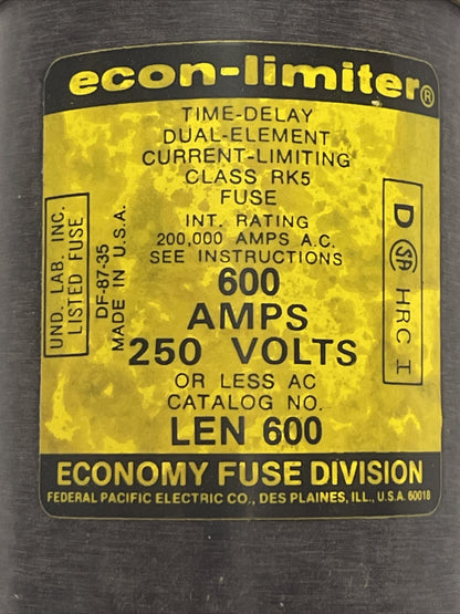 ECONOMY LENR600 600A 250VAC ECON-LIMITER TIME DELAY DUAL ELEMENT CLASS RK5 FUSE