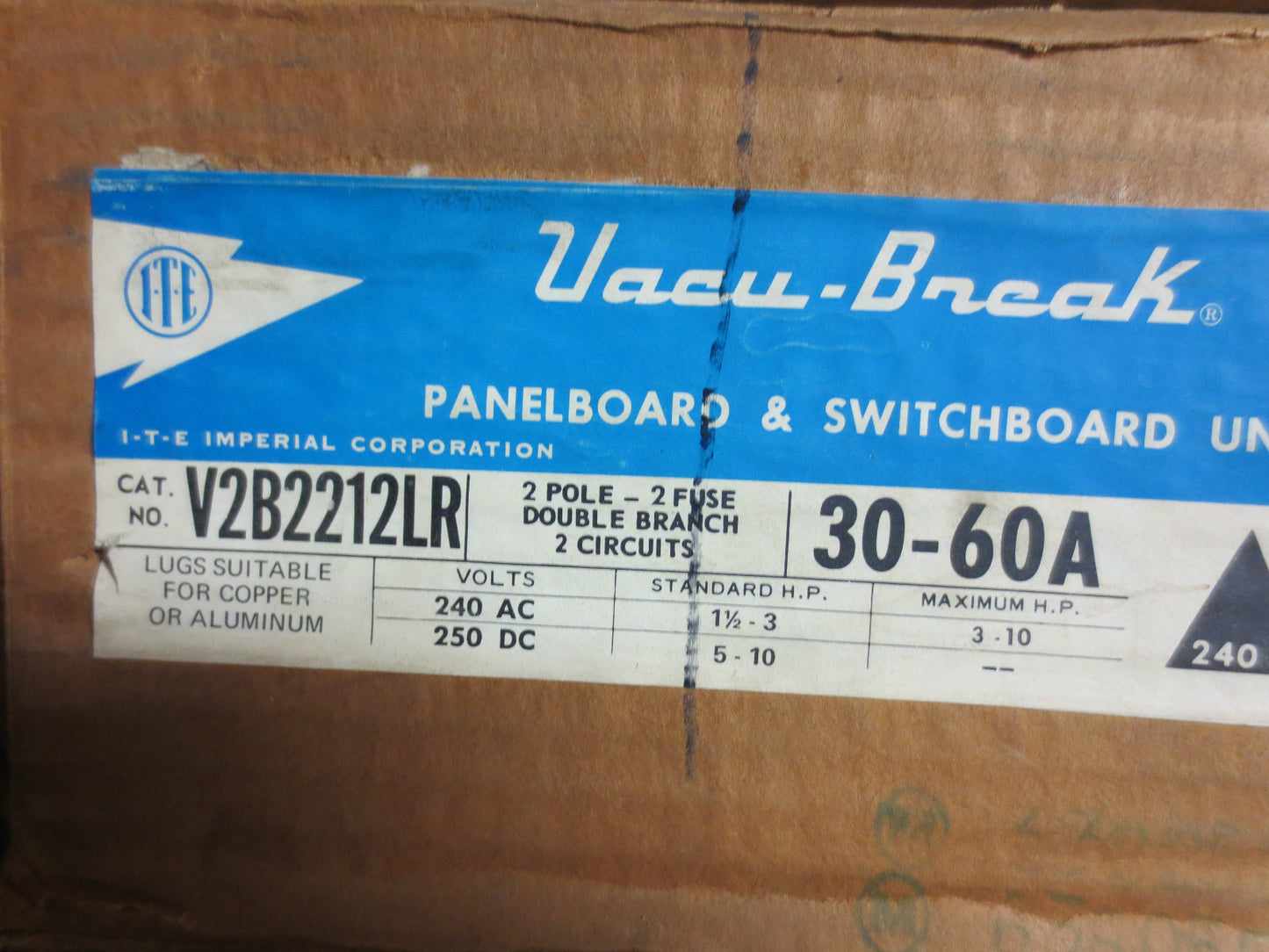 I-T-E V2B2212LR VACU-BREAK PANELBOARD & SWITCHBOARD UNIT 240V 30-60A NEW SURPLUS