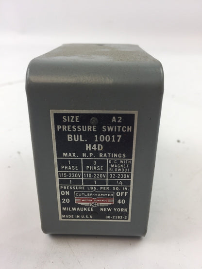 CUTLER HAMMER 10017H4D PRESSURE SWITCH W/O PUL. ORIFICE OPEN 40 LBS CLOSE 20 LBS